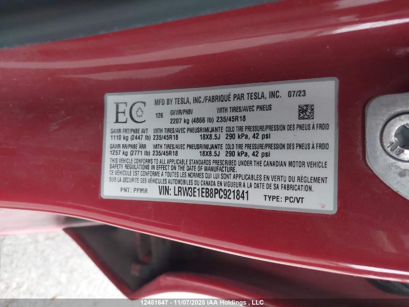 2023 Tesla Model 3 VIN: LRW3E1EB8PC921841 Lot: 12451647