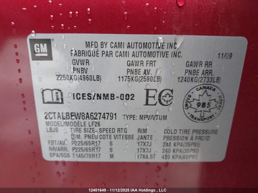 2010 GMC Terrain Sle VIN: 2CTALBEW8A6274791 Lot: 12451649