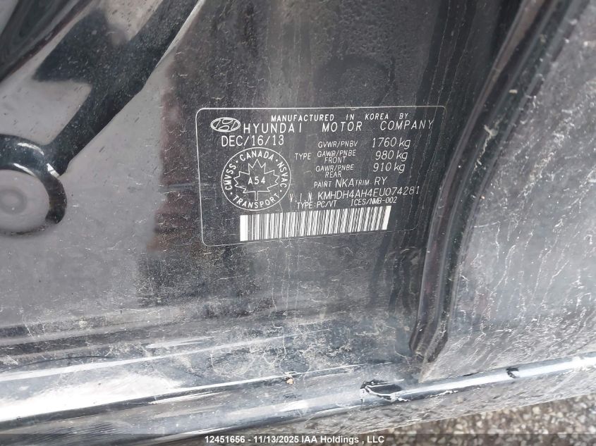2014 Hyundai Elantra Limited VIN: KMHDH4AH4EU074281 Lot: 12451656