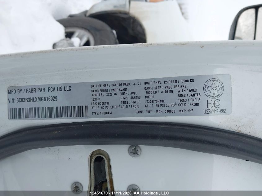 2021 Ram 3500 Big Horn VIN: 3C63R3HLXMG616929 Lot: 12451670