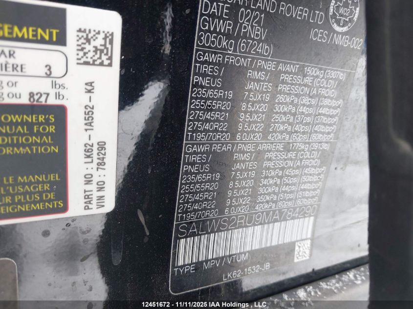 2021 Land Rover Range Rover Sport Hst Mhev VIN: SALWS2RU9MA784290 Lot: 12451672