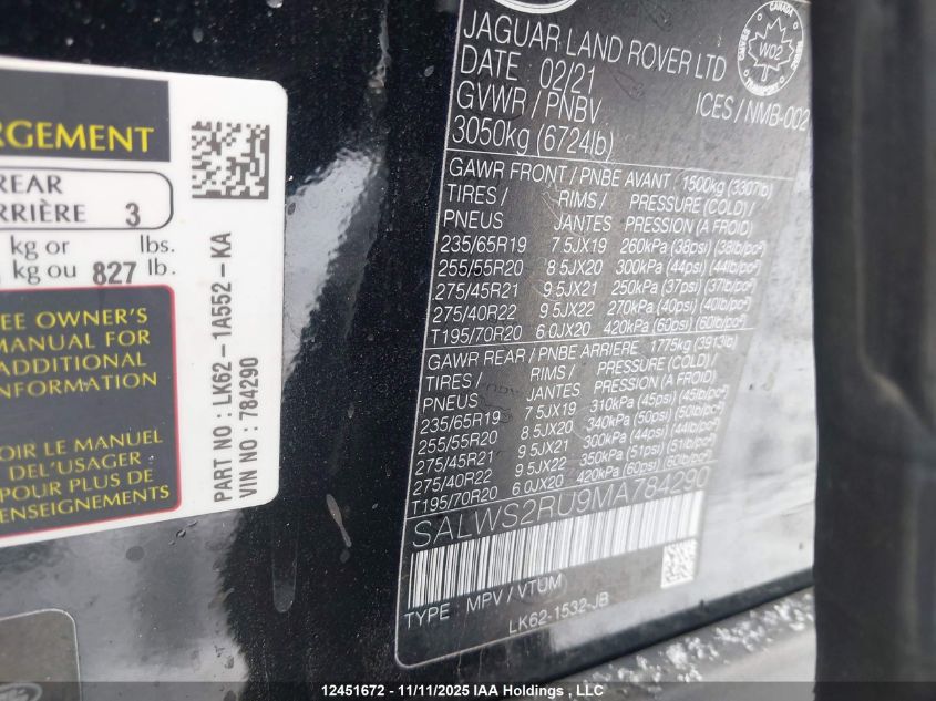 2021 Land Rover Range Rover Sport Hst Mhev VIN: SALWS2RU9MA784290 Lot: 12451672