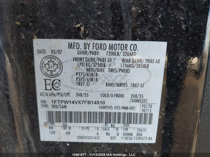 2007 Ford F150 Supercrew VIN: 1FTPW14VX7FB14510 Lot: 12451677