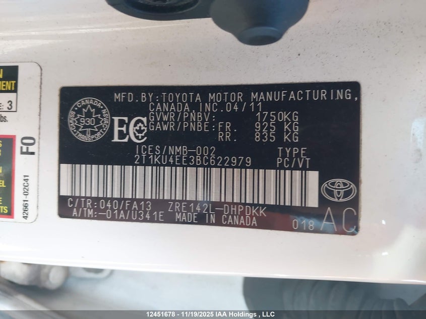 2T1KU4EE3BC622979 2011 TOYOTA MATRIX photo no. 9