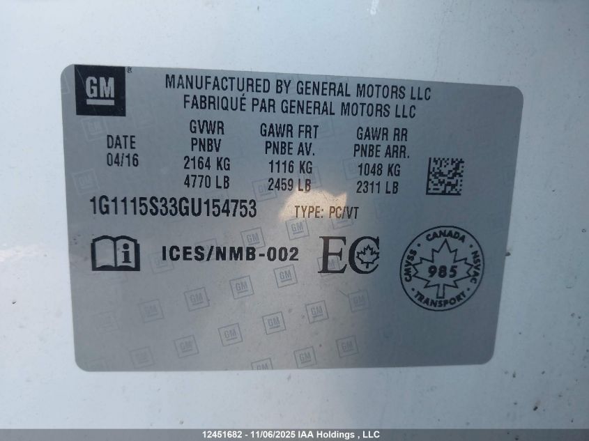 2016 Chevrolet Impala Lt VIN: 1G1115S33GU154753 Lot: 12451682