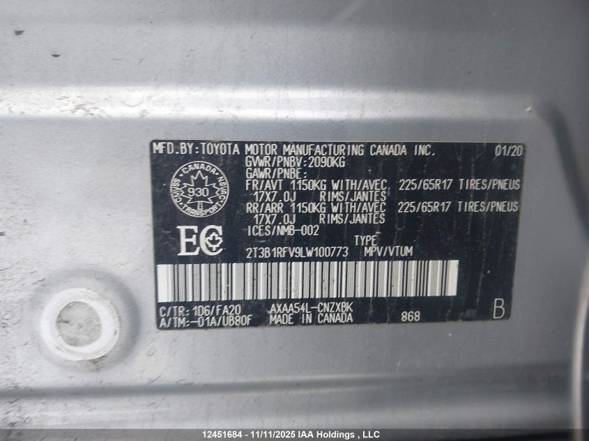 2020 Toyota Rav4 Le VIN: 2T3B1RFV9LW100773 Lot: 12451684