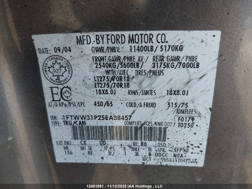 2005 Ford F350 Srw Super Duty VIN: 1FTWW31P25EA38457 Lot: 12451691