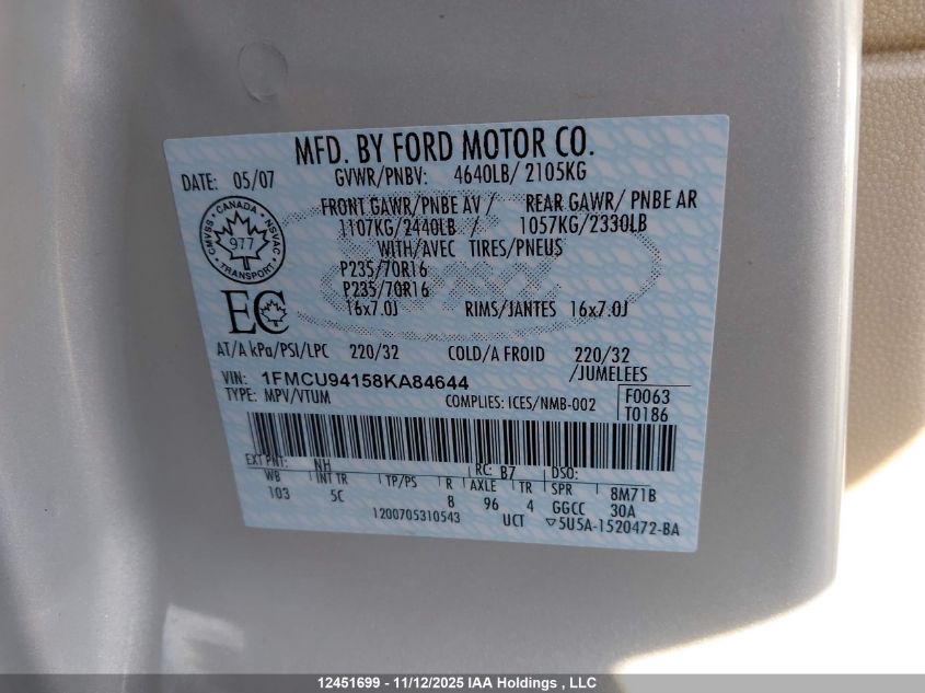 2008 Ford Escape Limited VIN: 1FMCU94158KA84644 Lot: 12451699