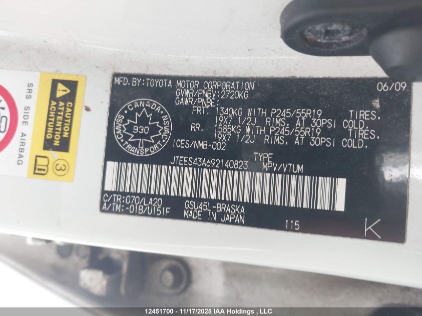 2009 Toyota Highlander Sport VIN: JTEES43A692140823 Lot: 12451700