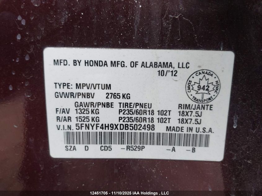 2013 Honda Pilot Touring VIN: 5FNYF4H9XDB502498 Lot: 12451705