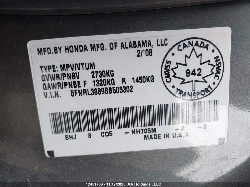 5FNRL38898B505302 2008 HONDA ODYSSEY photo no. 9