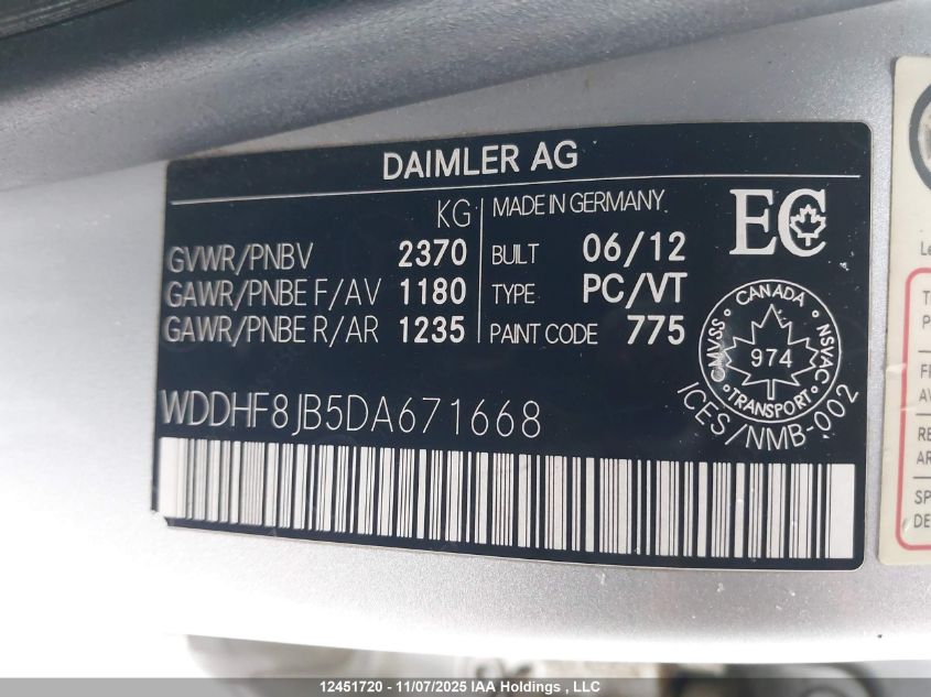 2013 Mercedes-Benz E 350 4Matic VIN: WDDHF8JB5DA671668 Lot: 12451720