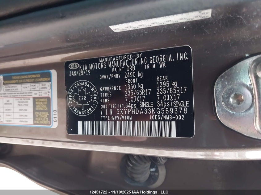 5XYPHDA33KG569378 2019 KIA SORENTO photo no. 9