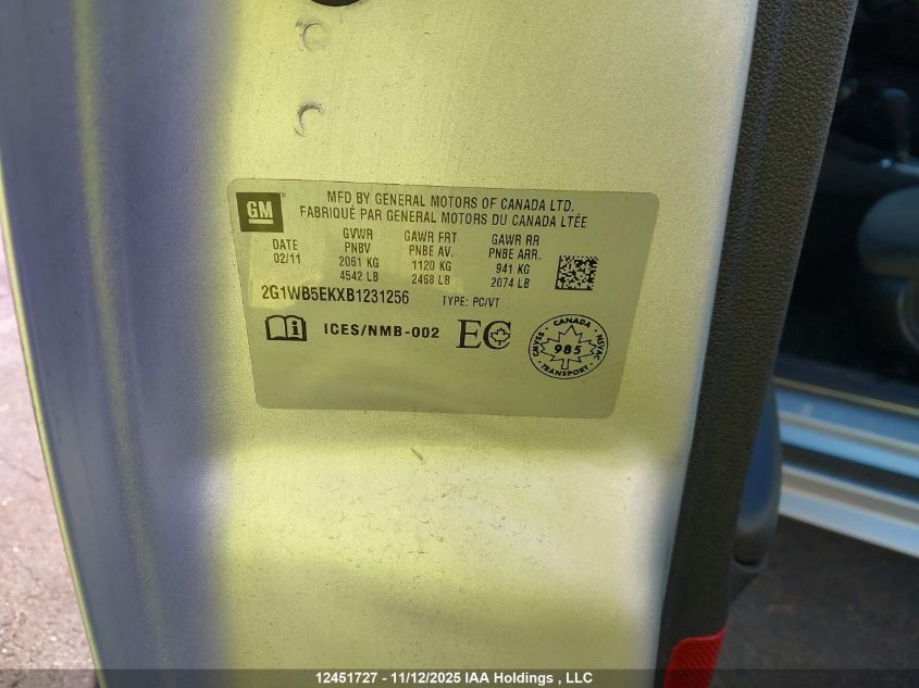 2011 Chevrolet Impala Lt VIN: 2G1WB5EKXB1231256 Lot: 12451727