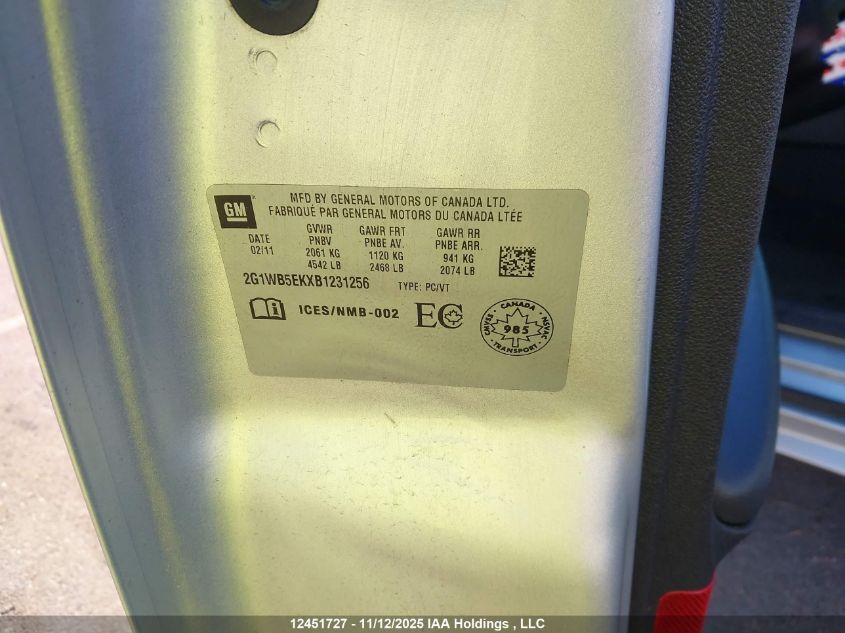 2011 Chevrolet Impala Lt VIN: 2G1WB5EKXB1231256 Lot: 12451727