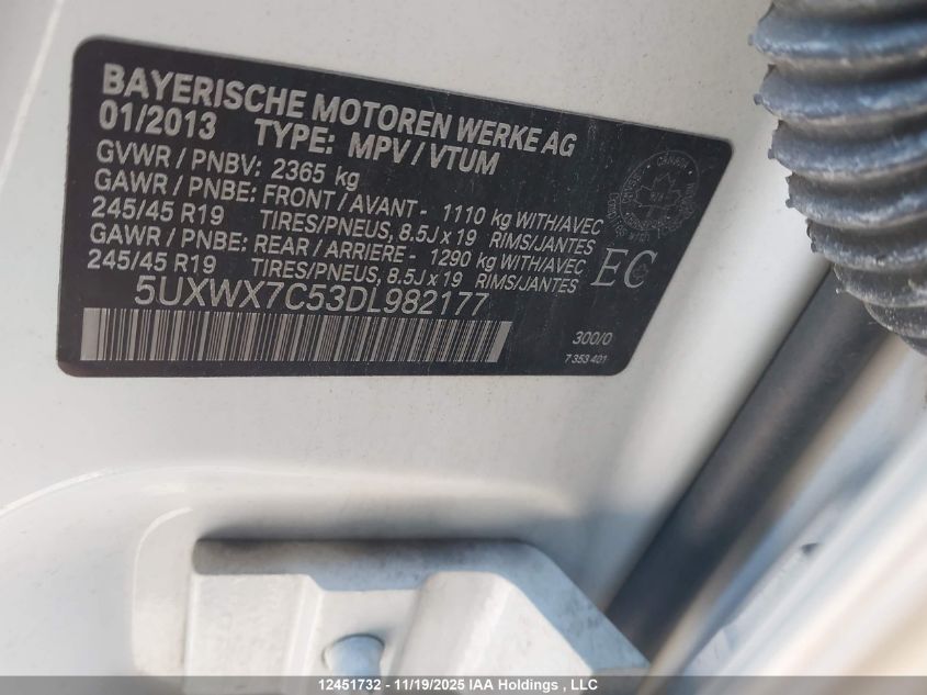 2013 BMW X3 xDrive35I VIN: 5UXWX7C53DL982177 Lot: 12451732