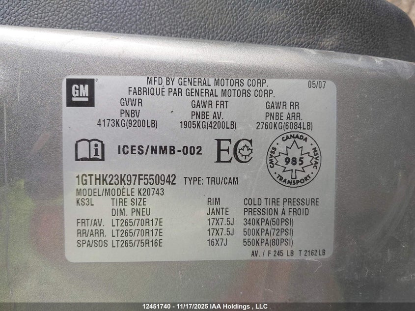 1GTHK23K97F550942 2007 GMC SIERRA photo no. 9