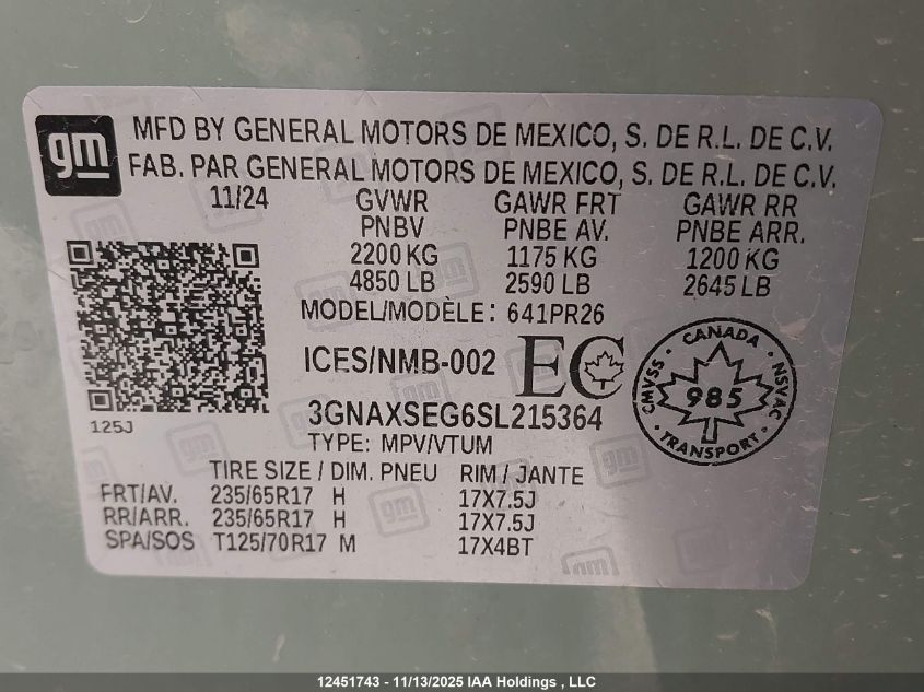 2025 Chevrolet Equinox Activ Awd VIN: 3GNAXSEG6SL215364 Lot: 12451743