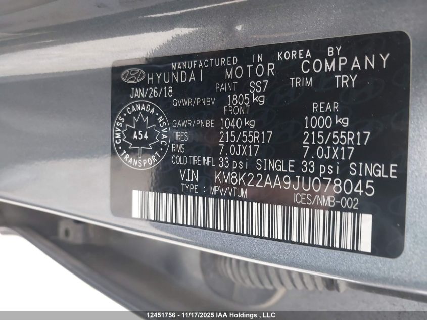 2018 Hyundai Kona Sel VIN: KM8K22AA9JU078045 Lot: 12451756
