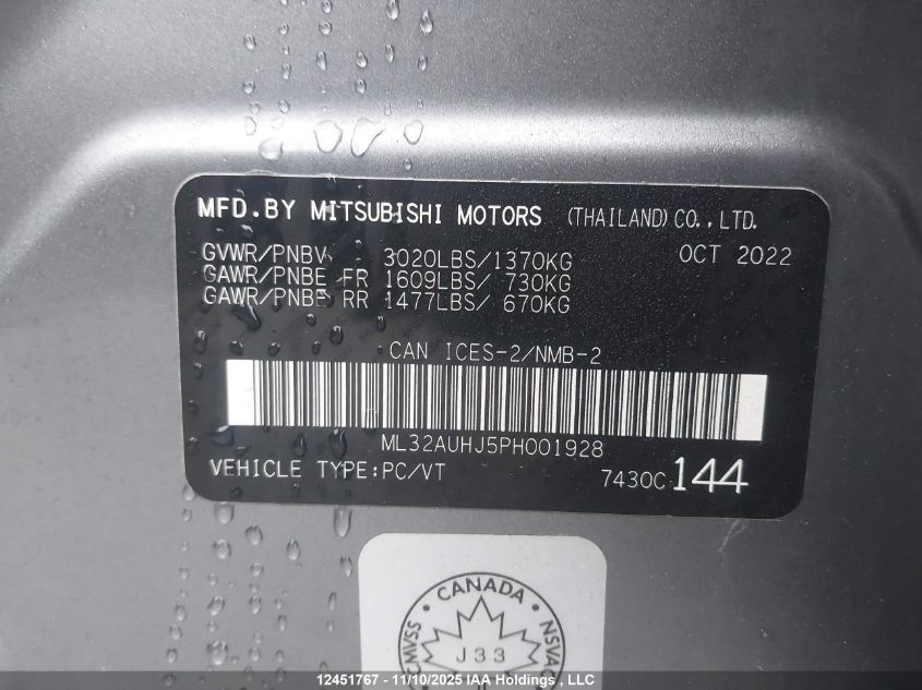 2023 Mitsubishi Mirage Es/Se VIN: ML32AUHJ5PH001928 Lot: 12451767
