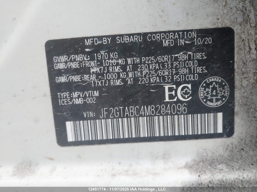 JF2GTABC4M8284096 2021 SUBARU XV photo no. 9