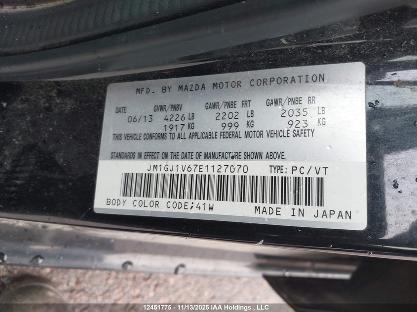 JM1GJ1V67E1127070 2014 MAZDA 6 photo no. 9