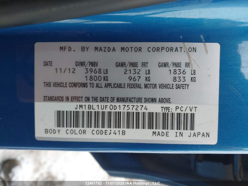 2013 Mazda Mazda3 Gx VIN: JM1BL1UF0D1757274 Lot: 12451782