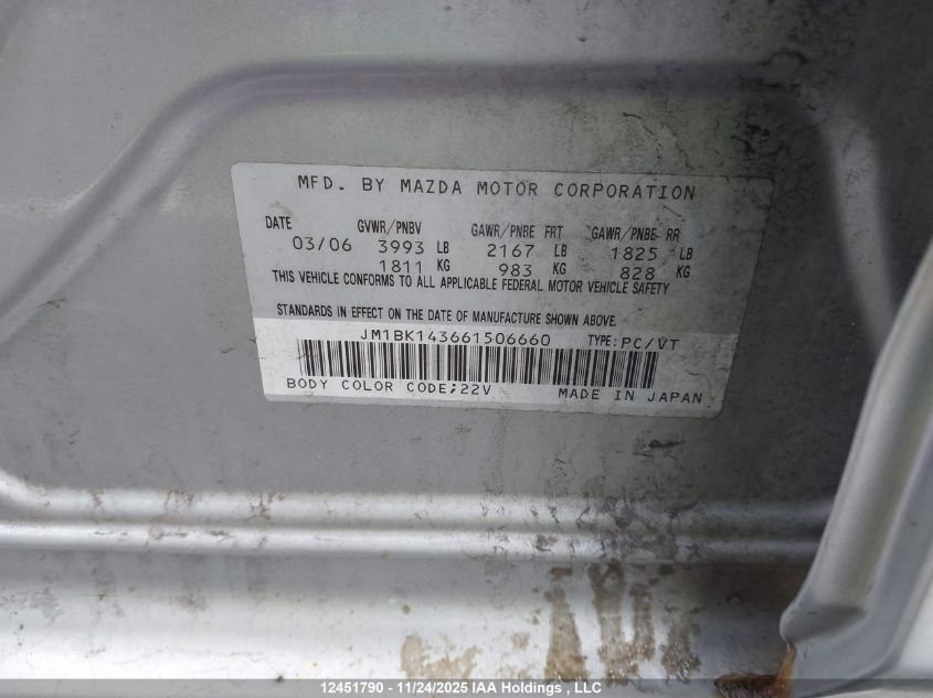 2006 Mazda 3 Hatchback VIN: JM1BK143661506660 Lot: 12451790