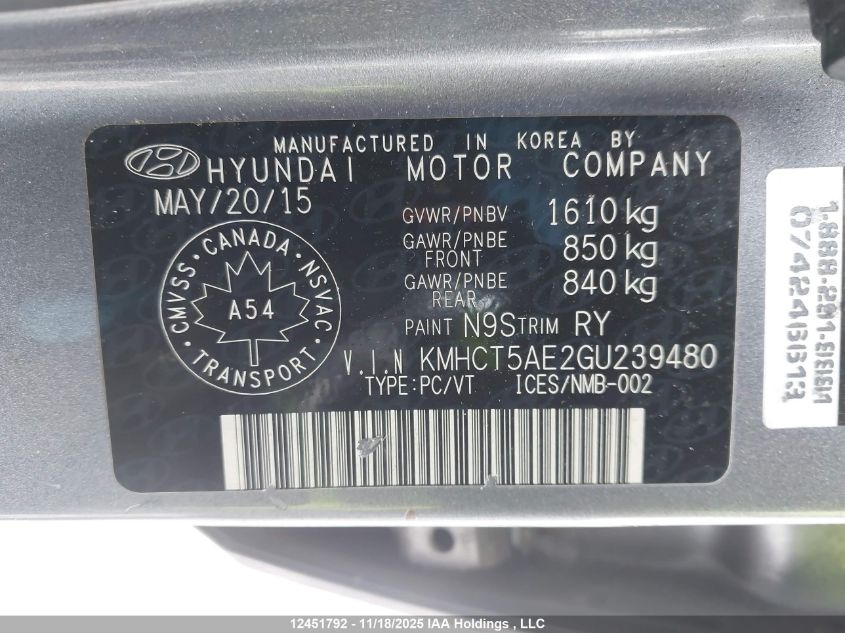 2016 Hyundai Accent VIN: KMHCT5AE2GU239480 Lot: 12451792