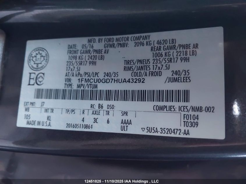 2017 Ford Escape Se VIN: 1FMCU0GD7HUA43292 Lot: 12451825