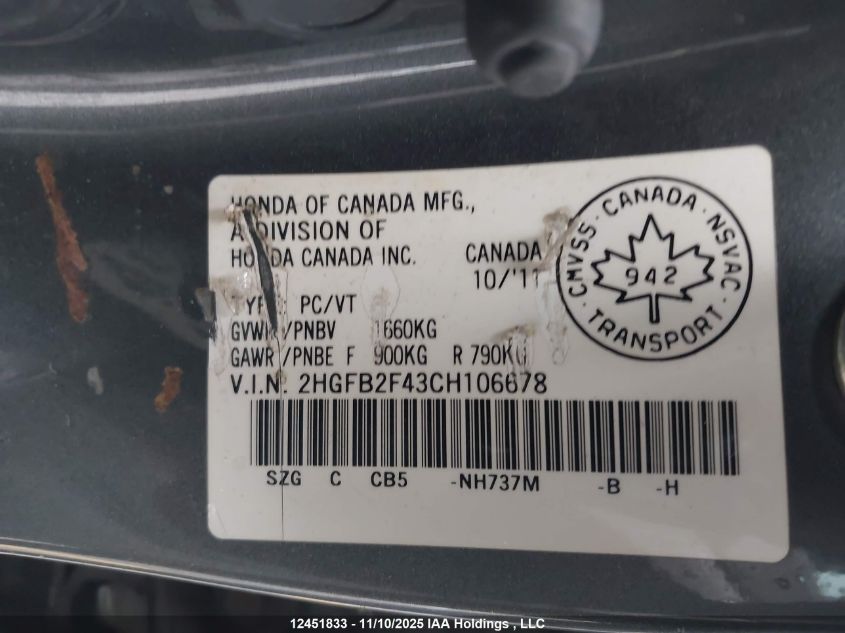 2012 Honda Civic VIN: 2HGFB2F43CH106678 Lot: 12451833