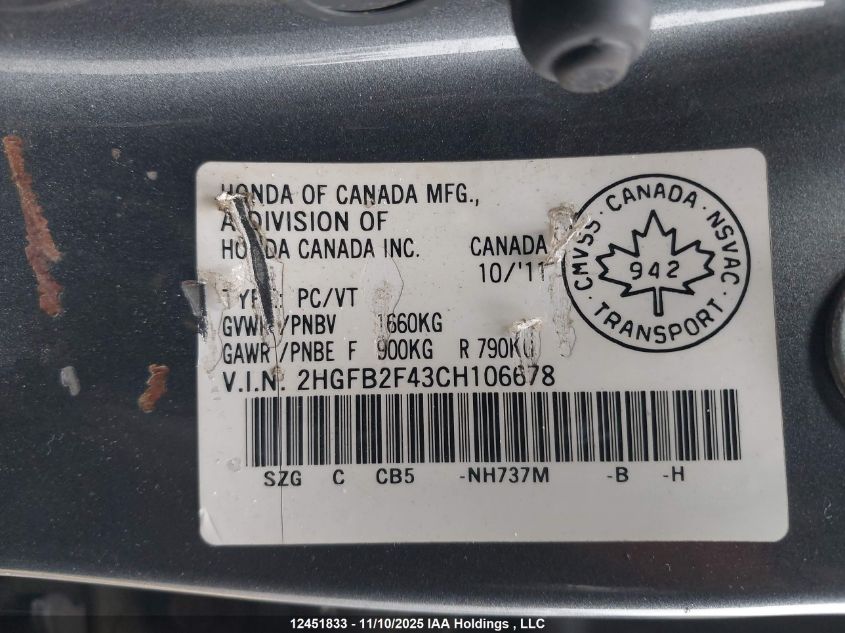 2012 Honda Civic VIN: 2HGFB2F43CH106678 Lot: 12451833