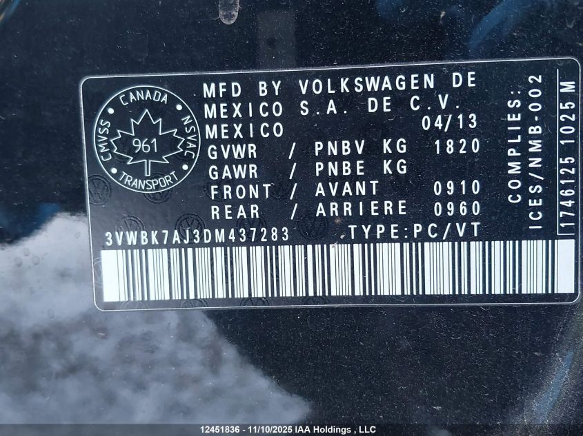 2013 Volkswagen Jetta VIN: 3VWBK7AJ3DM437283 Lot: 12451836