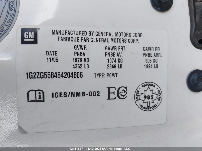 2006 Pontiac G6 Base V6 VIN: 1G2ZG558464204806 Lot: 12451837