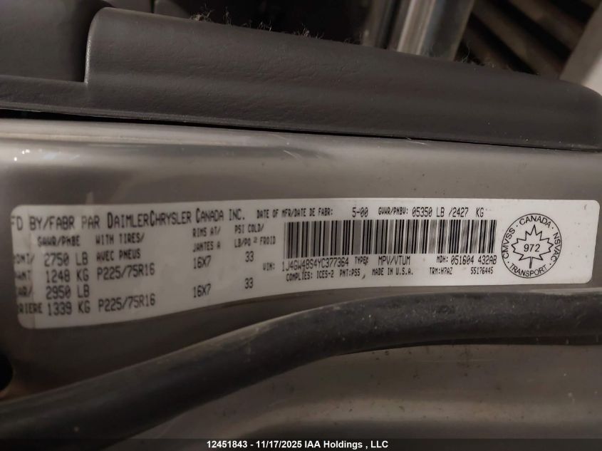 2000 Jeep Grand Cherokee Laredo VIN: 1J4GW48S4YC377364 Lot: 12451843