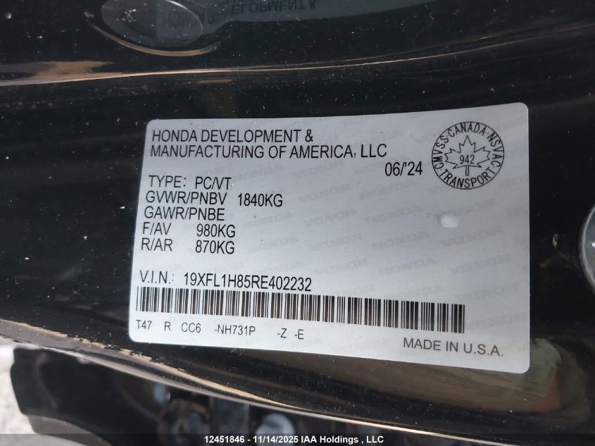 2024 Honda Civic VIN: 19XFL1H85RE402232 Lot: 12451846