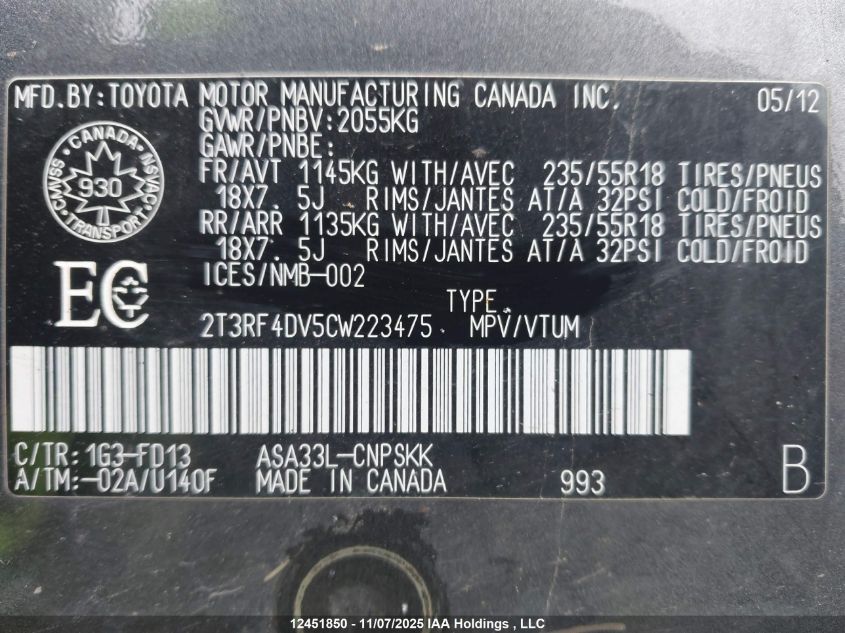 2012 Toyota Rav4 Sport VIN: 2T3RF4DV5CW223475 Lot: 12451850