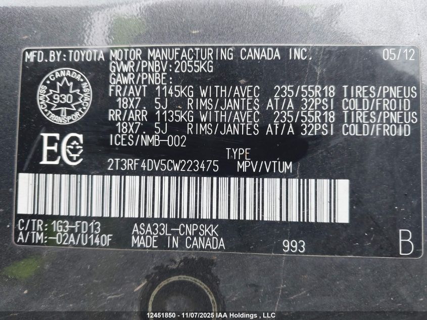 2012 Toyota Rav4 Sport VIN: 2T3RF4DV5CW223475 Lot: 12451850