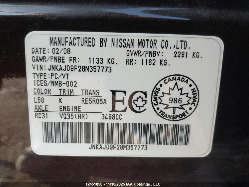 2008 Infiniti Ex35 Journey VIN: JNKAJ09F28M357773 Lot: 12451856