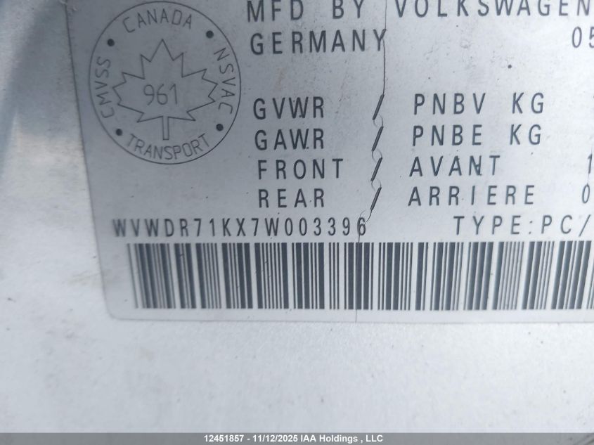 2007 Volkswagen Rabbit VIN: WVWDR71KX7W003396 Lot: 12451857