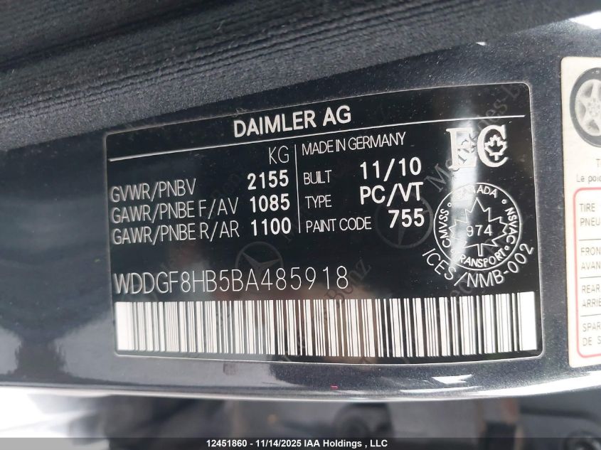 2011 Mercedes-Benz C-Class VIN: WDDGF8HB5BA485918 Lot: 12451860