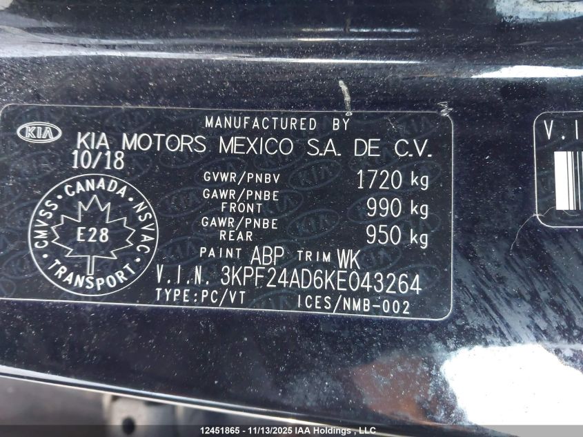 2019 Kia Forte Fe/Lx/Lxs VIN: 3KPF24AD6KE043264 Lot: 12451865