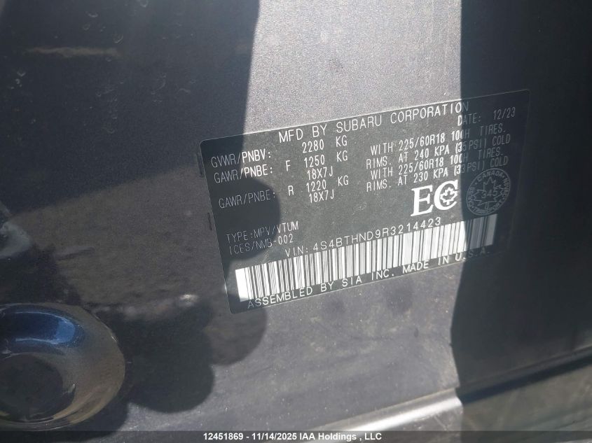 2024 Subaru Legacy Outback VIN: 4S4BTHND9R3214423 Lot: 12451869