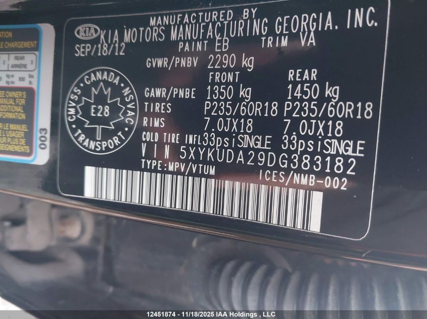 2013 Kia Sorento VIN: 5XYKUDA29DG383182 Lot: 12451874