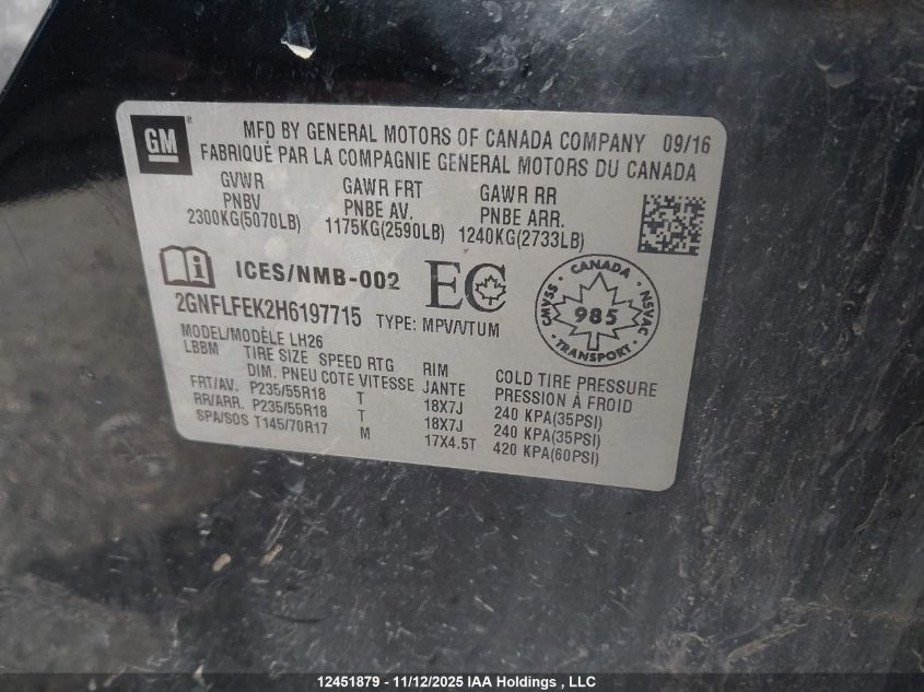 2017 Chevrolet Equinox 1Lt VIN: 2GNFLFEK2H6197715 Lot: 12451879