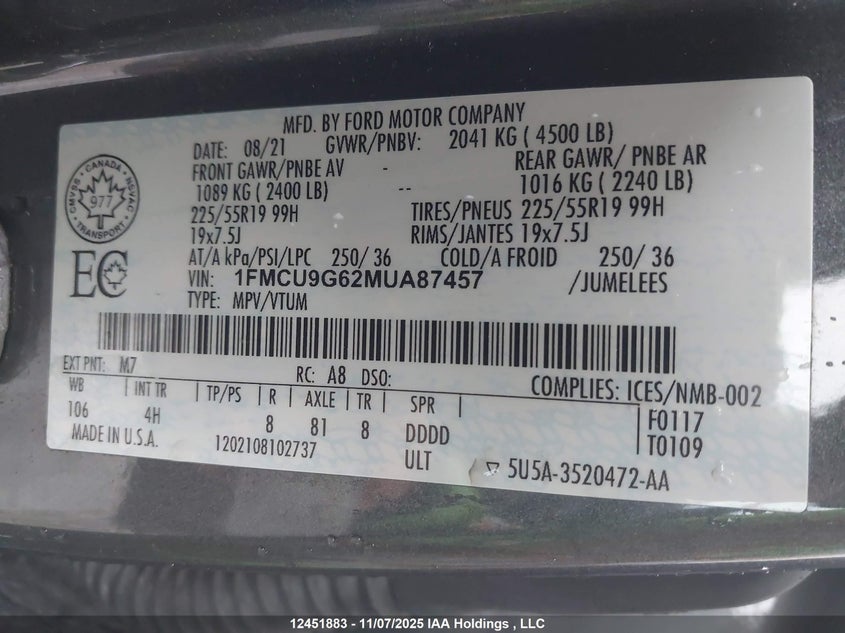 1FMCU9G62MUA87457 2021 FORD ESCAPE photo no. 9