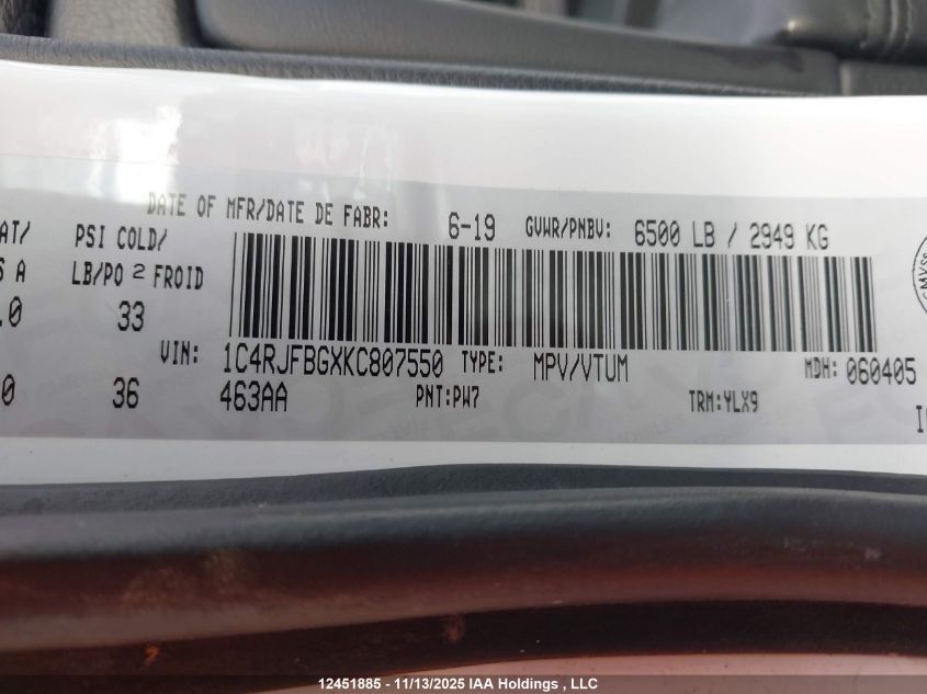 2019 Jeep Grand Cherokee Limited VIN: 1C4RJFBGXKC807550 Lot: 12451885