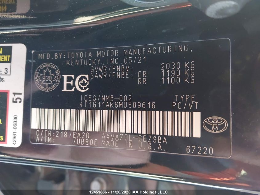 2021 Toyota Camry Se VIN: 4T1G11AK6MU589616 Lot: 12451886