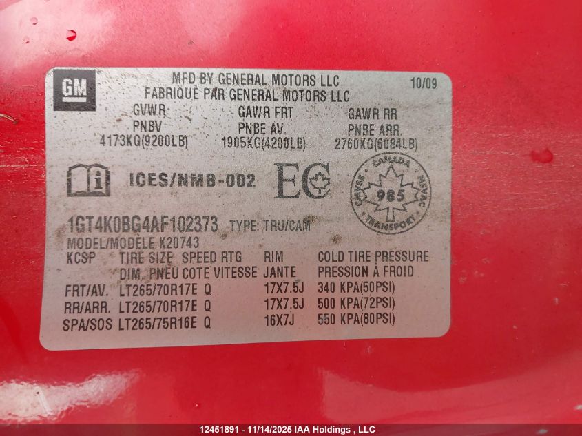 2010 GMC Sierra 2500Hd Sle VIN: 1GT4K0BG4AF102373 Lot: 12451891