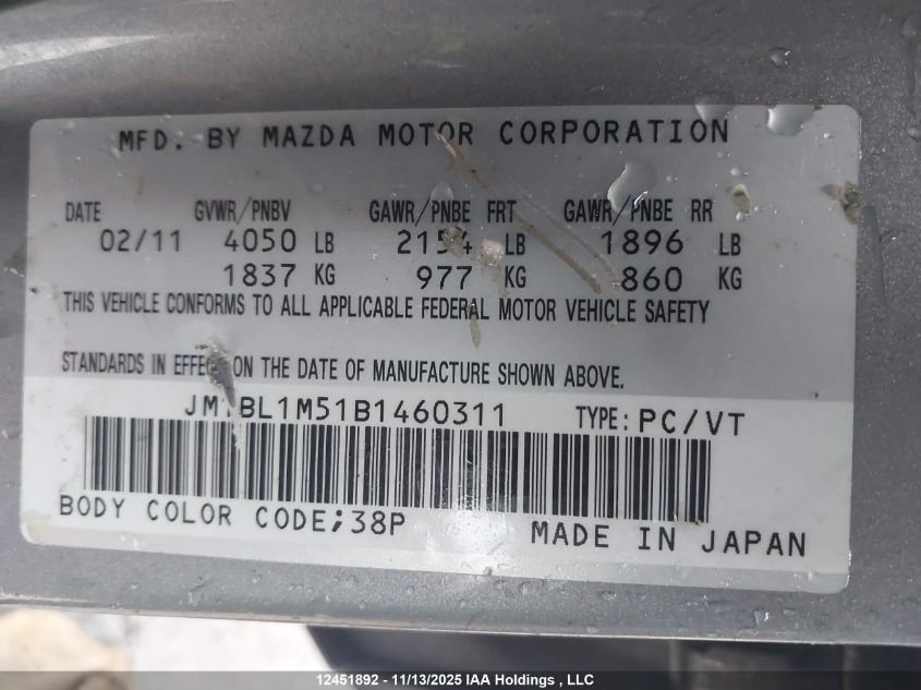 2011 Mazda 3 S VIN: JM1BL1M51B1460311 Lot: 12451892